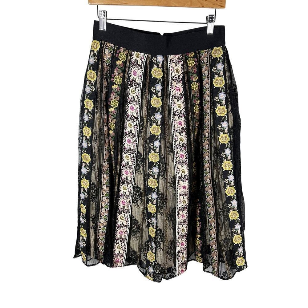 Alice + Olivia Birdie Pleated Embroidered Midi Skirt Size 6